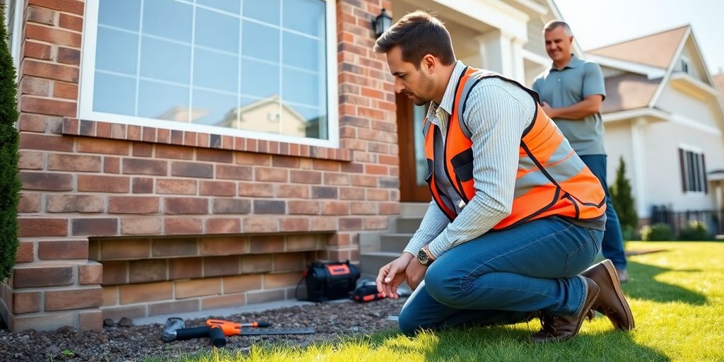 Inspector examining home's foundation with homeowner.