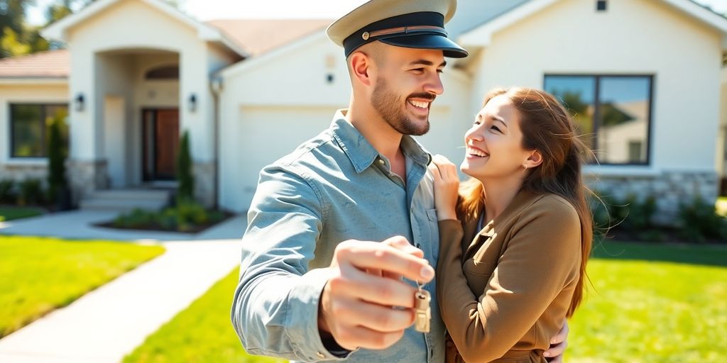 Military couple smiling with home keys.
