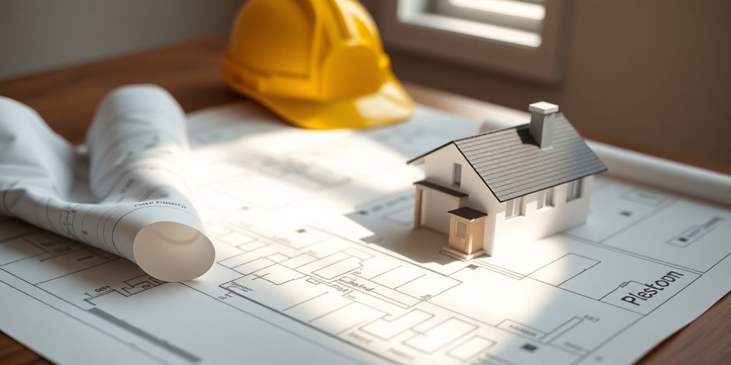Blueprint, hard hat, and house model on a table.