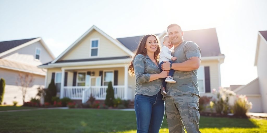 Military family embracing in front of their new home.
