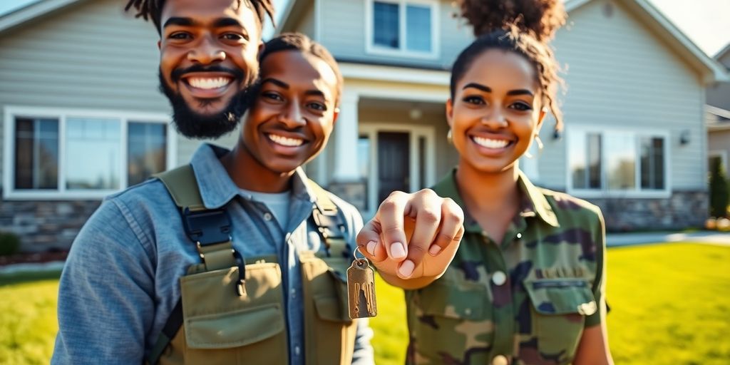Military couple smiling with house keys.