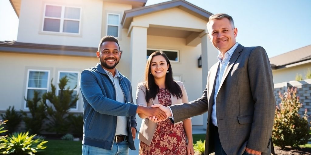 Smiling couple shaking hands with VA lender.