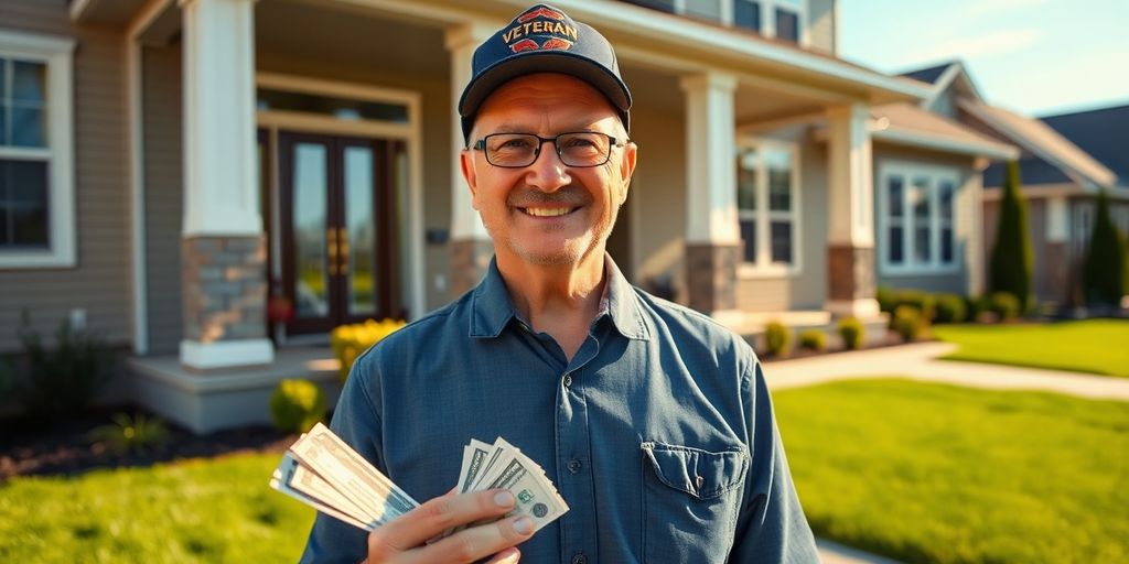 Smiling veteran, home, cash.
