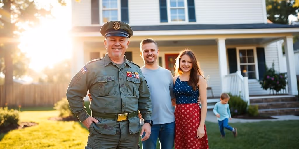 Family by new home, military uniform
