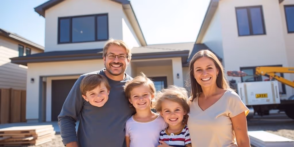 Family stands in front of new home.