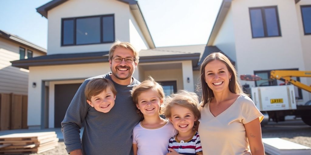 Family stands in front of new home.