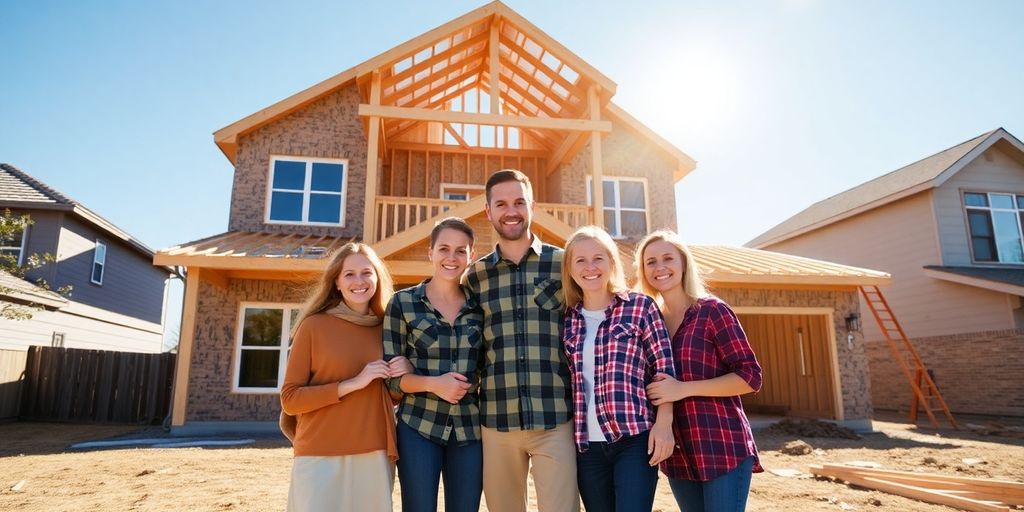Family in front of new home construction.