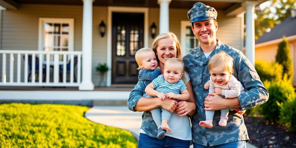 Military family in front of their new house.