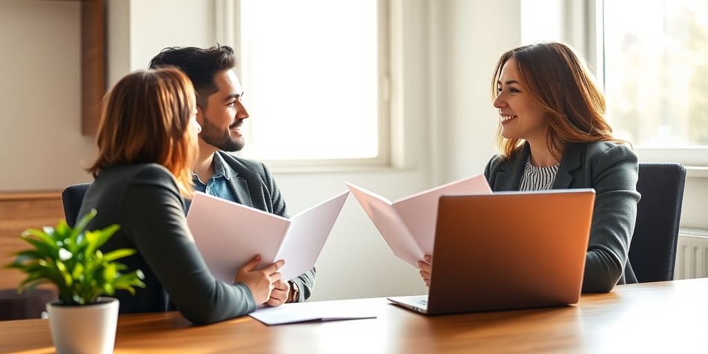 Couple reviewing loan documents with a loan officer