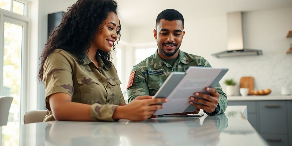 Military couple reviews loan documents at home.