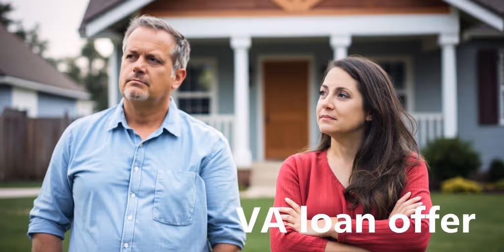 Frustrated couple contemplating a rejected VA loan offer.