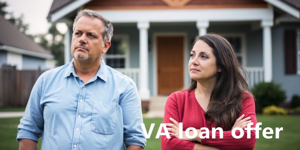 Frustrated couple contemplating a rejected VA loan offer.