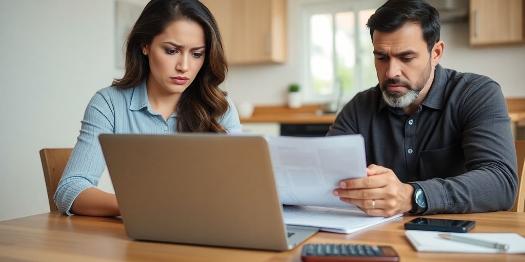 Concerned couple reviewing finances at kitchen table.
