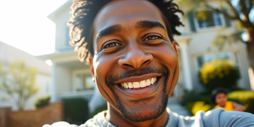 Veteran smiling in front of new home.