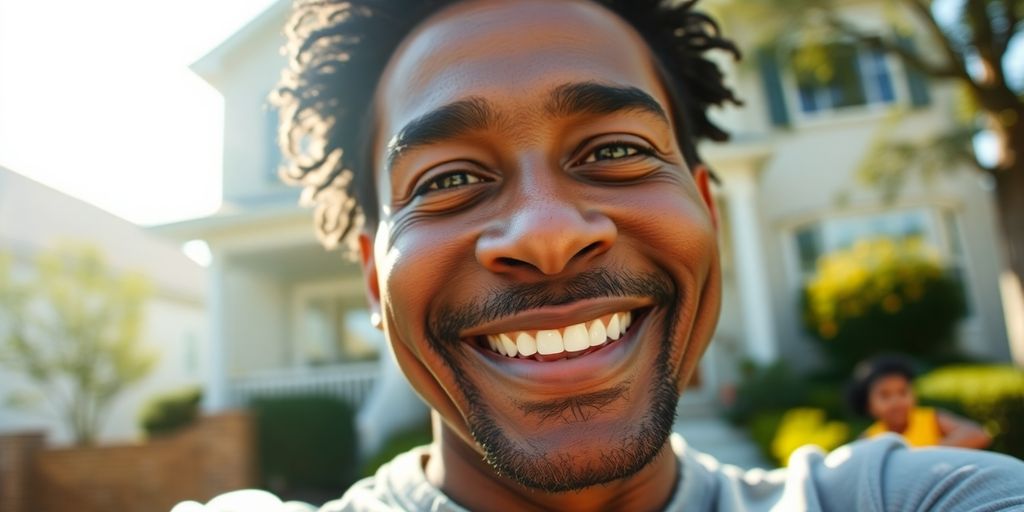 Veteran smiling in front of new home.