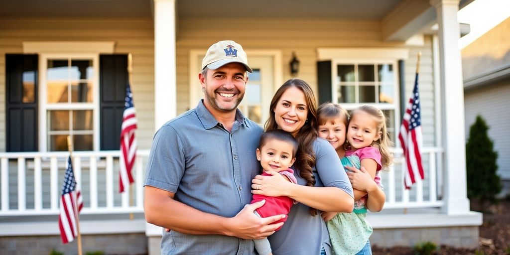 Military veteran embracing family in front of new home.