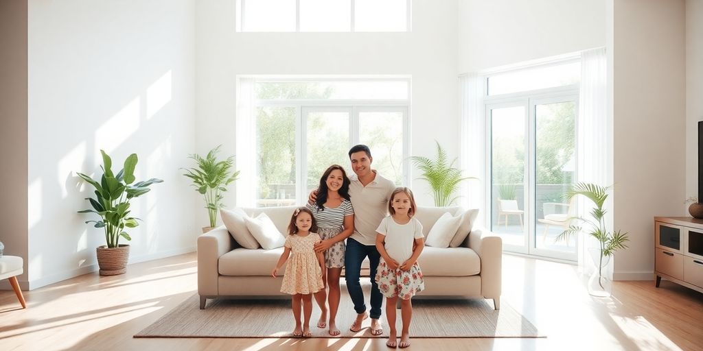 Family standing in their home, smiling.