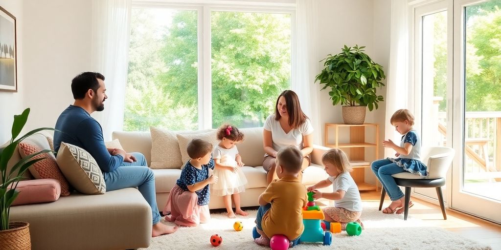Family happily relaxing inside their beautiful, spacious home.