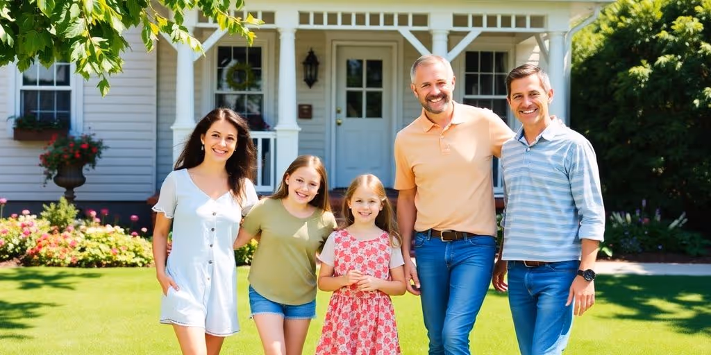 Family standing in front of their house.
