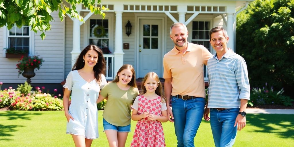 Family standing in front of their house.