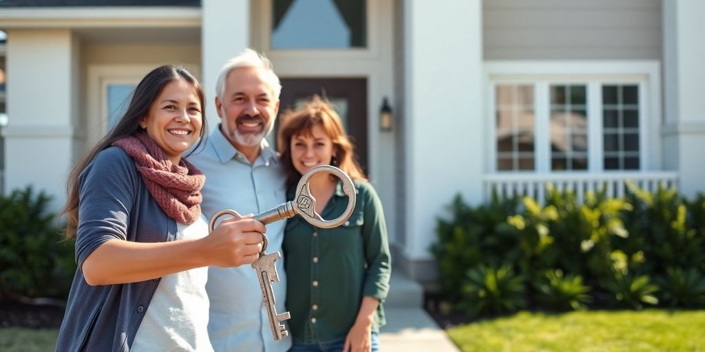Family in front of house, holding keys