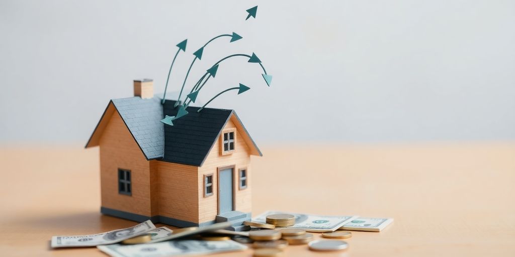 House with intertwining debt arrows, money.