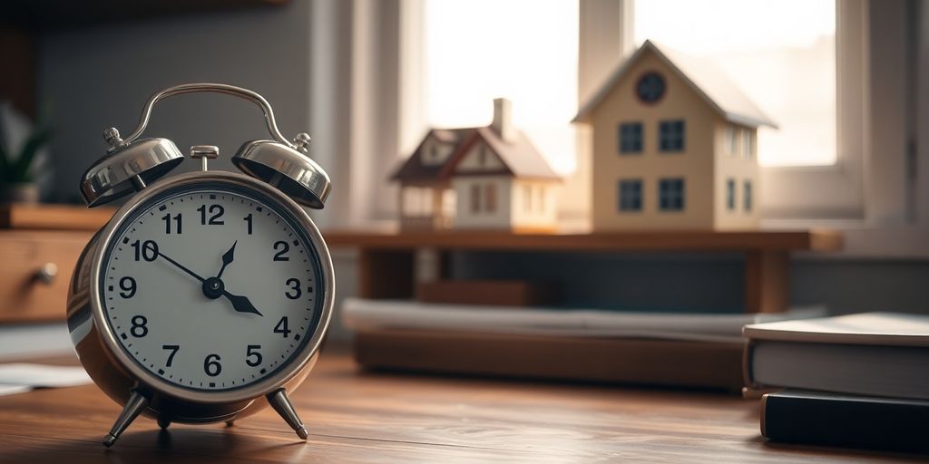 Clock on desk with house in background.