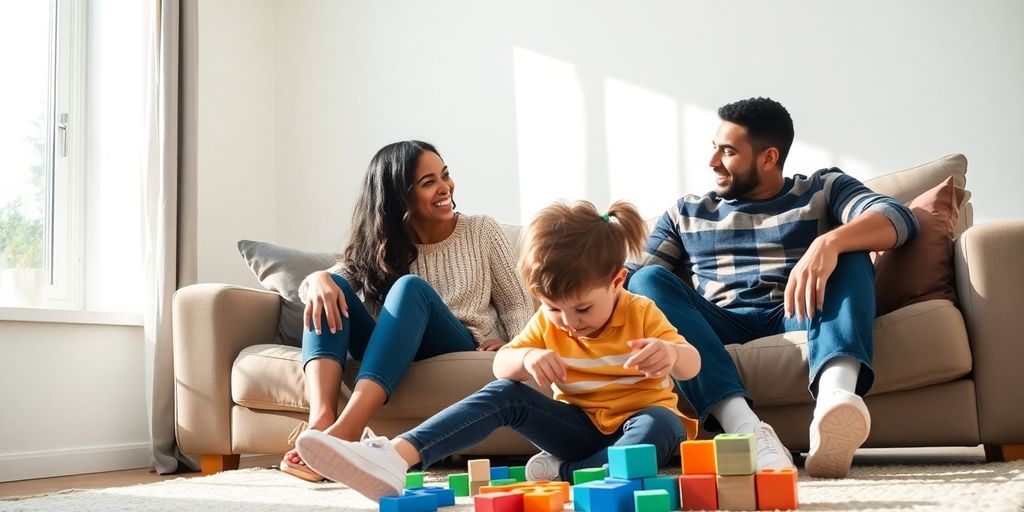 Family happily discussing home loan, relaxed.