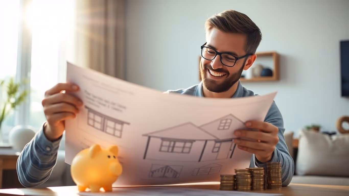 Homeowner with piggy bank and coins, planning home equity loan refinance.