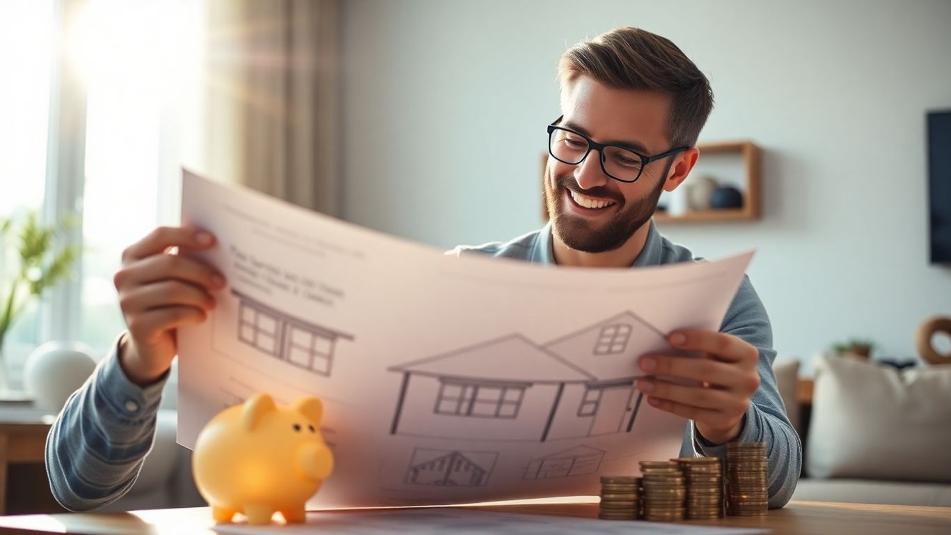 Homeowner with piggy bank and coins, planning home equity loan refinance.