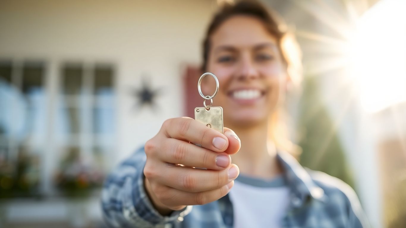 Person holding house key, symbolizing mortgage refinance savings.
