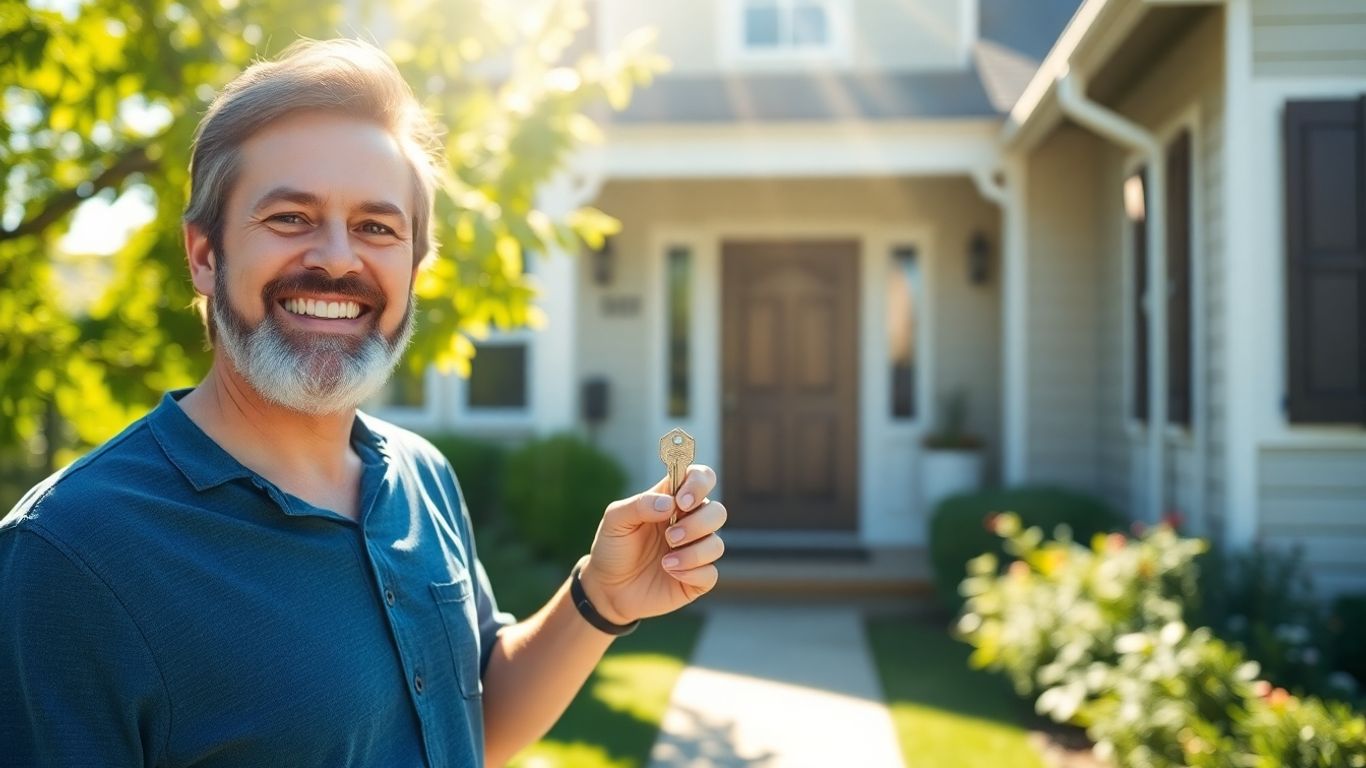 Homeowner with key, symbolizing mortgage savings.
