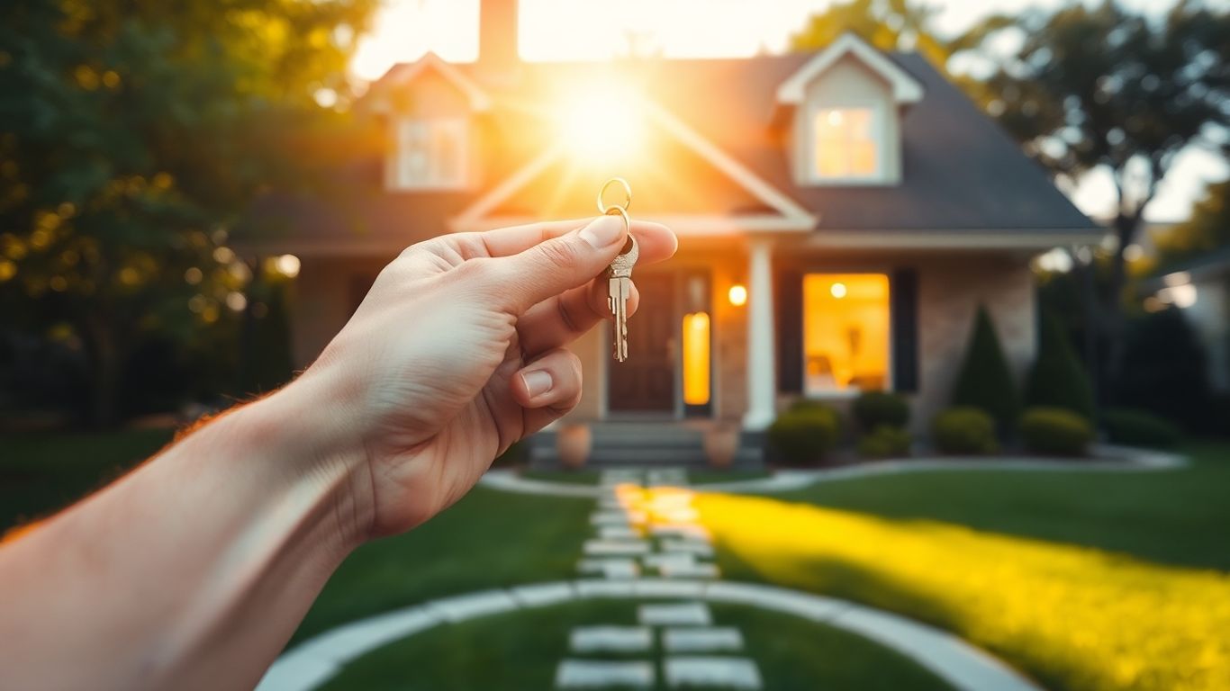 Person holding house key, bright house background