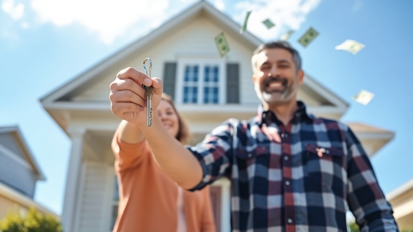 Happy homeowner with key, money floating around house.