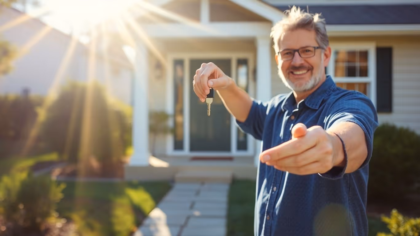 Homeowner with key, symbolizing mortgage refinancing success.