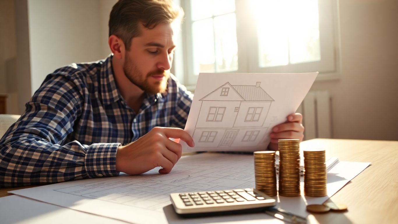 Homeowner considering mortgage refinance with coins and calculator.