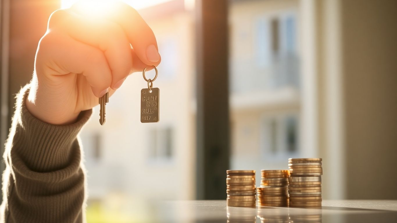 Person considering house key and coins for mortgage refinancing.