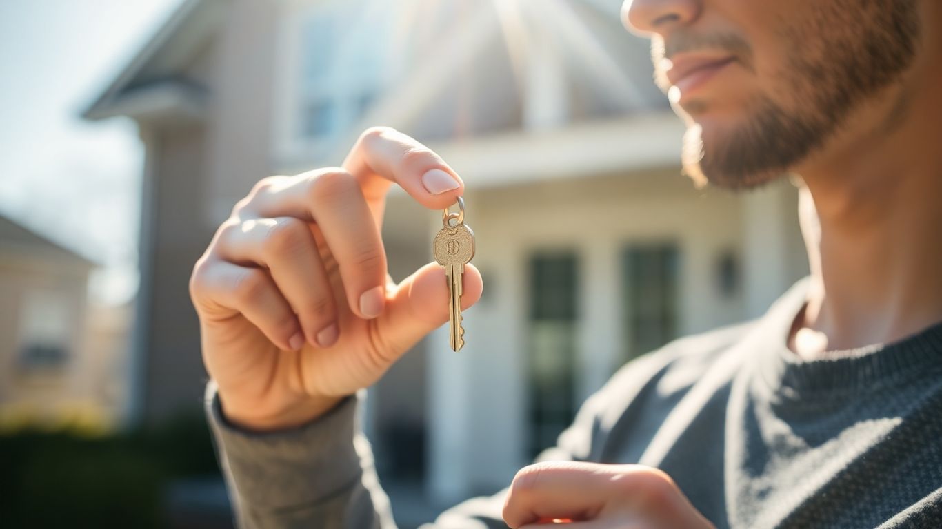 Person holding house key, contemplating mortgage refinance.