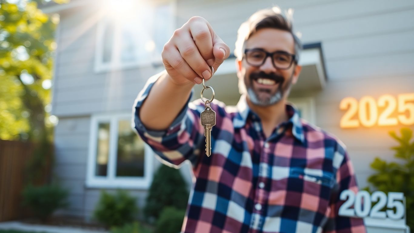 Homeowner with key, house, coins, and 2025 calendar.