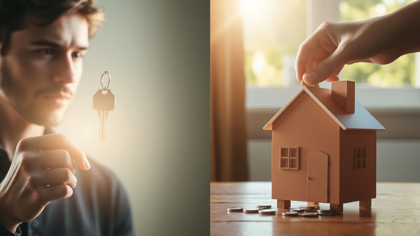 House key and piggy bank with coins.