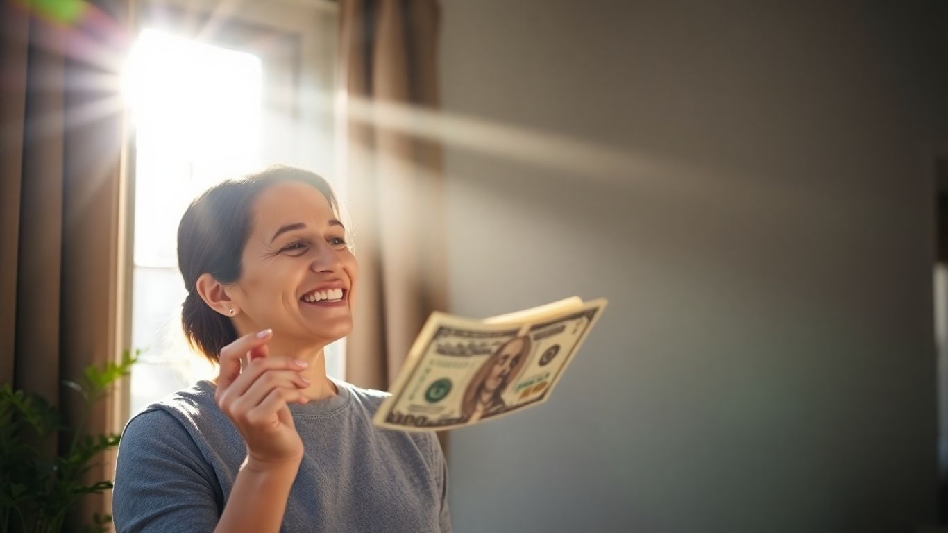 Homeowner with money and house, symbolizing savings.