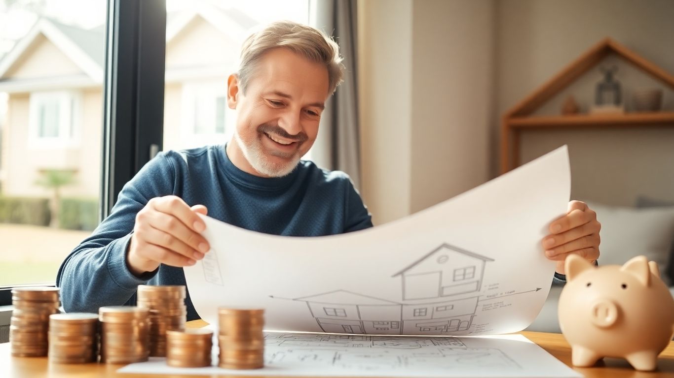 Homeowner with coins and piggy bank, planning finances.