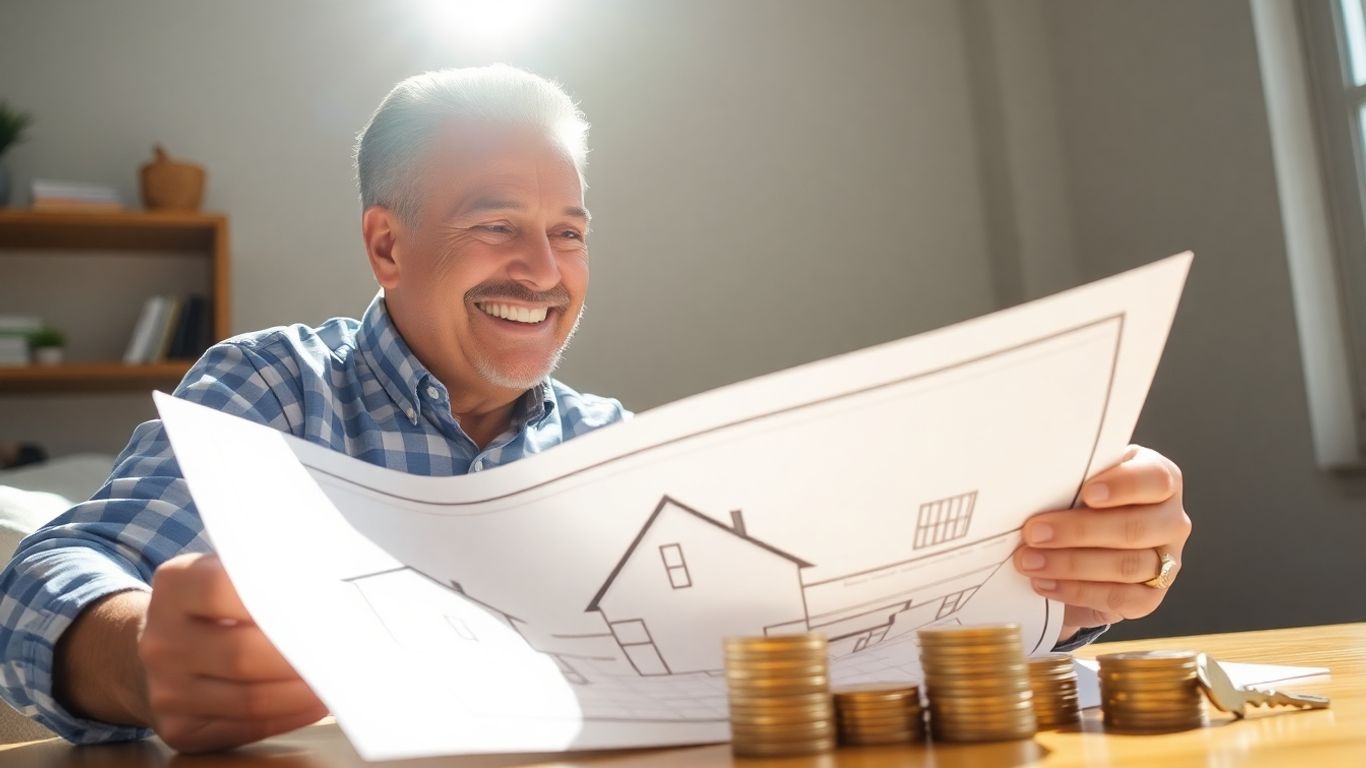 Homeowner with blueprint and coins, symbolizing savings.