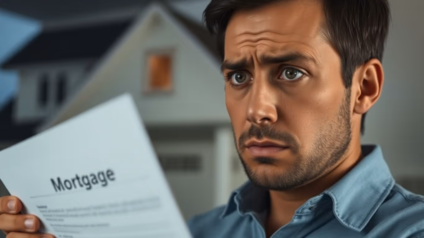 Person with mortgage document, house background.