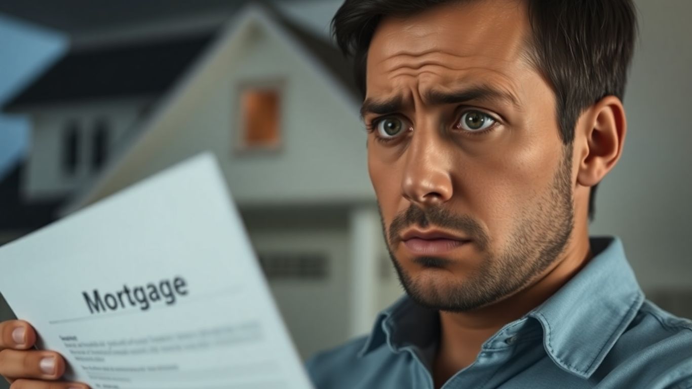 Person with mortgage document, house background.
