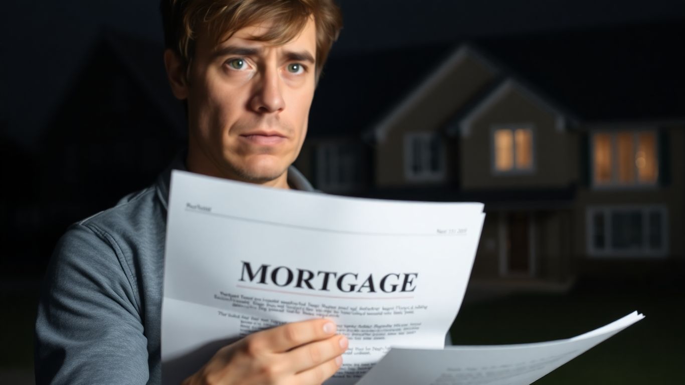 Person with mortgage document, house background.