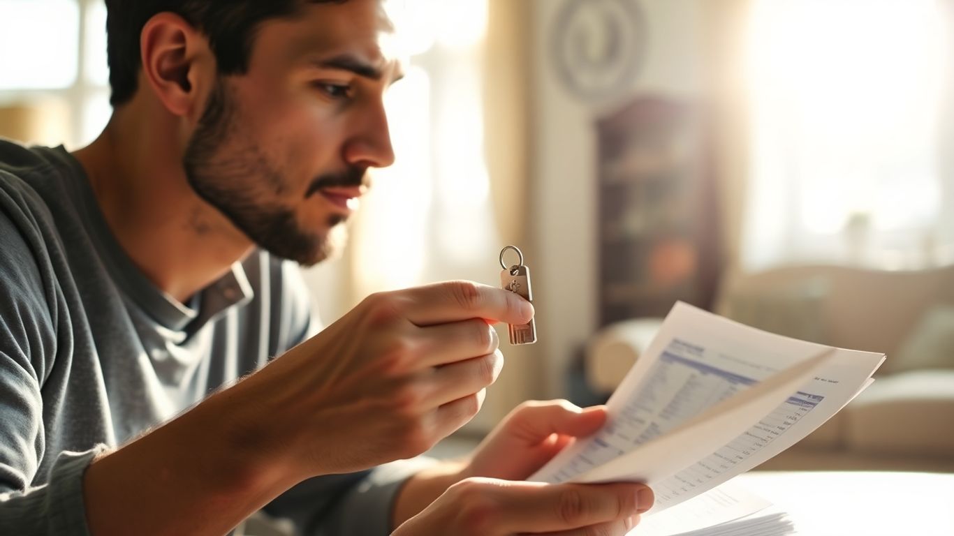 Person with house key and financial documents.