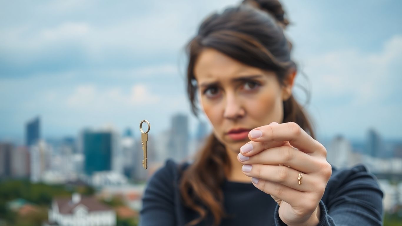 Person holding house key, looking concerned about mortgage.