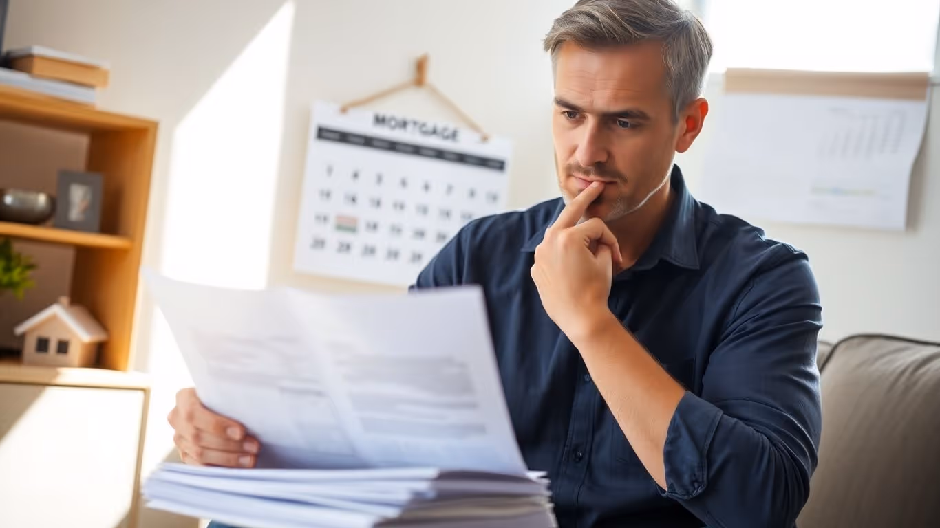 Homeowner reviewing mortgage papers with a calendar visible.