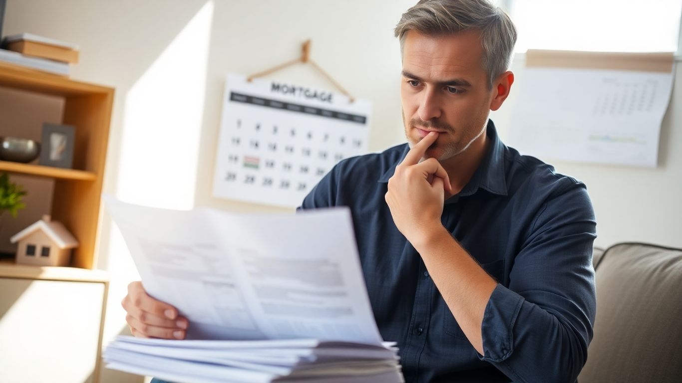 Homeowner reviewing mortgage papers with a calendar visible.